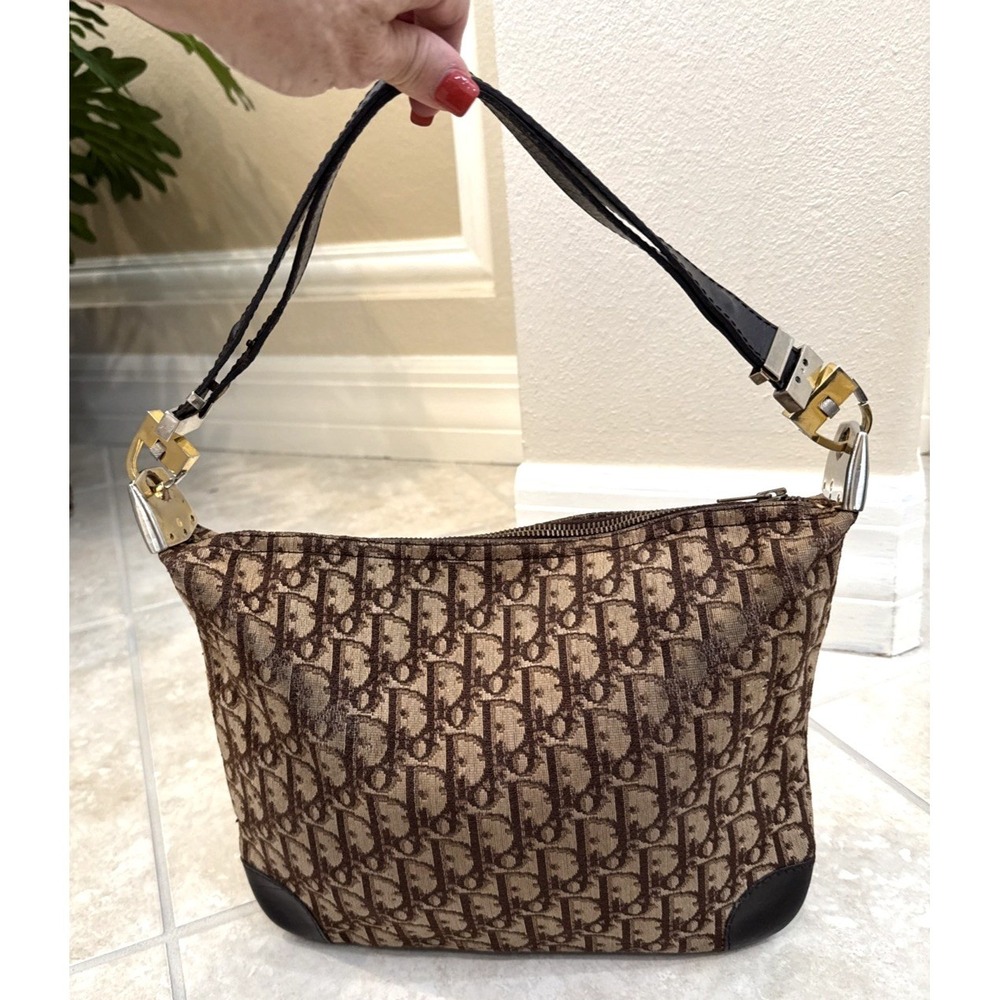 Auth Christian Dior Monogram Trotter Canvas Leather Brown Hand Bag Shoulder *See